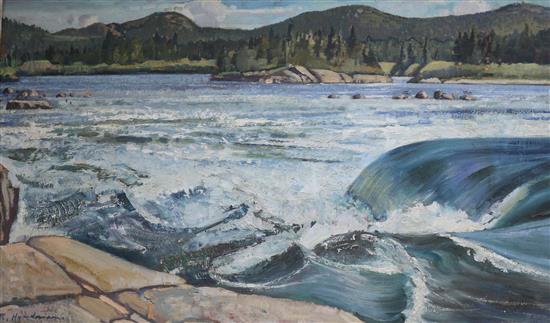 Robert Stewart Hyndman, oil on board, lakeside view, signed, 48 x 77cm